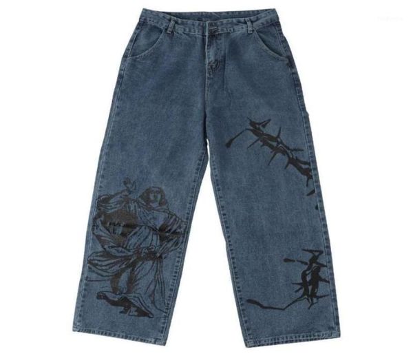 

men039s jeans lacible men hip denim pants streetwear thorns print harajuku loose joggers trousers baggy1357845, Blue
