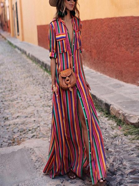 

try everything long striped dress women shirt dresses 2018 women maxi summer plus size robe femme ete 20189760845, Black;gray