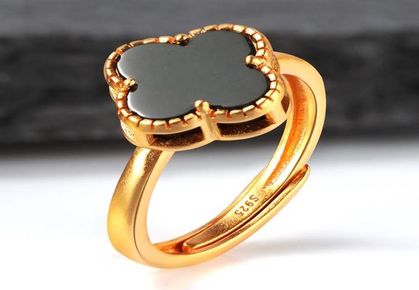 

spring huanxin 925 silver inlaid hetian ink jade ring four leaf grass mouth adjustable7897937, Golden;silver