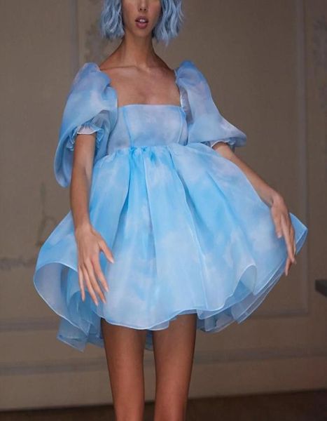 

casual dresses colors summer women fairytale puff sleeve sky blue clouds printing dress high waist tutu ball gown mini organz7141427, Black;gray