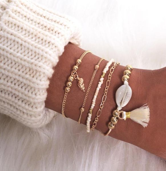 

new jewelry fashion beads chain rice beads bracelet charm bohemia natural shell tassel conch bracelet 5 piece set8334736, Black