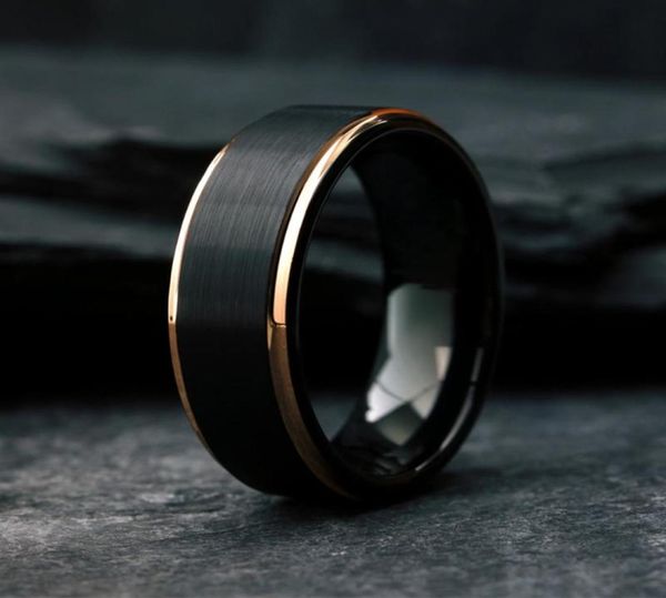 

wedding rings luxury men039s black tungsten ring with rose gold edge plating brushed band for men jewelry size 6132029909, Slivery;golden