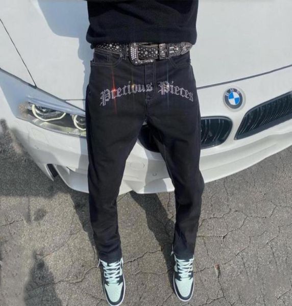 

men's jeans mans stretchy black skinny slim fit drill punk streetwear biker trousers man rhine hole letter denim pencil pantsmen's, Blue