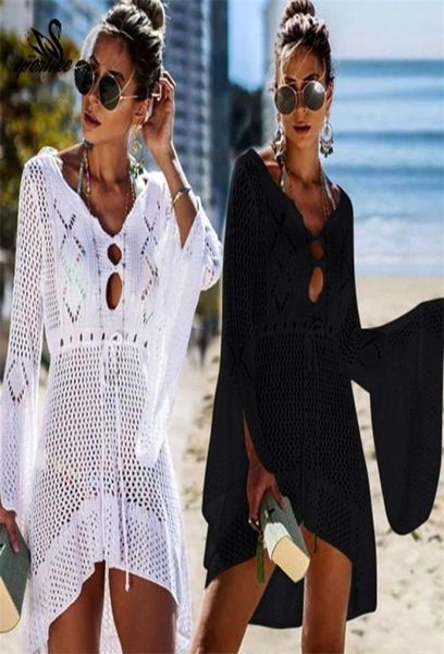 

2019 crochet white knitted beach cover up dress tunic long pareos bikinis cover ups swim cover up robe plage beachwear y2007064982759, Black;gray