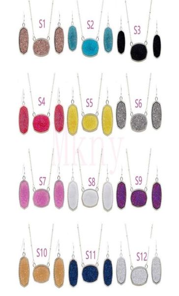 

oval style resin drusy druzy silver necklace earings luxury designer jewelry set for women wedding party gift christmas2307956