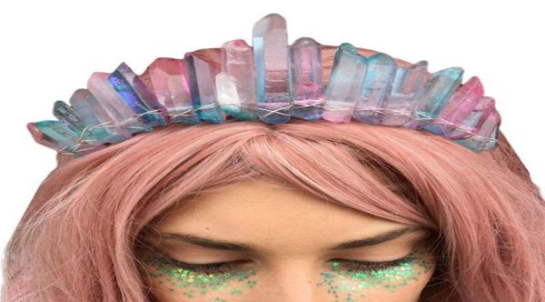 

boho handmade bridal tiara crown faux raw crystal rainbow colorful aura headband 2011068447050, Silver