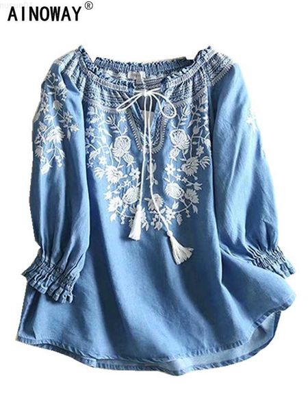 

women's blouses shirts vintage chic women floral embroidery beach bohemian denim cotton blouse shirt long sleeve v-neck tassel loose bo, White