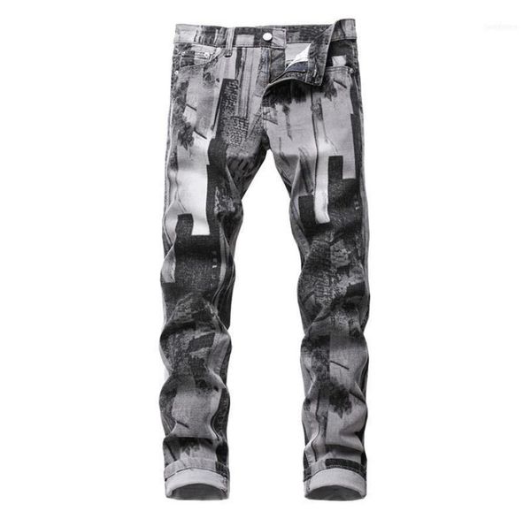 

men039s jeans fashion gray pattern printed slim traight stretch denim pants1108043, Blue