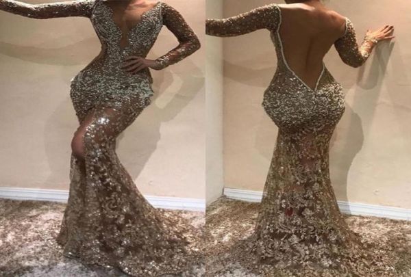 

sparkly mermaid long sleeves lace prom dresses vneck open back high split evening dress formal party gowns bc09759514468, Black