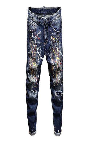 

men039s jeans fashion mens hip hop casual ripped distressed skinny denim pants small straight paint splashing hole3382688, Blue