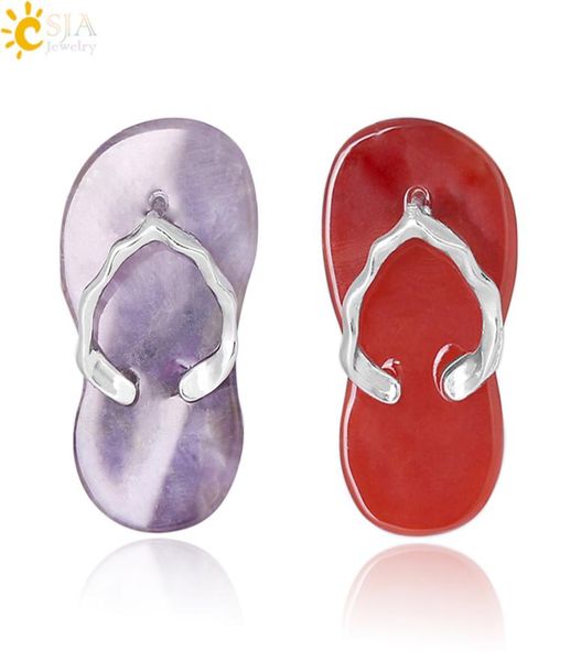 

csja women slipper shoe pendant natural stone tiger eye red agate aventurine crystal quartz summer sandals pendants jewelry for gi5471256, Bronze;silver