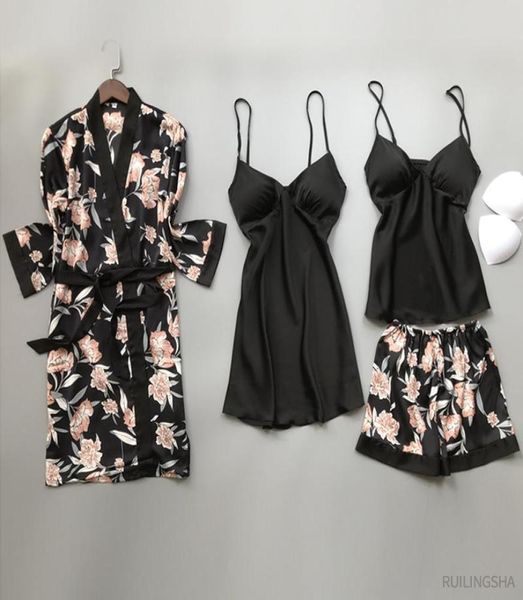 

women039s sleepwear summer satin 4 pieces robe sets faux silk kimono pajamas for women flower print plus size nightgowns s4328423, Black;red