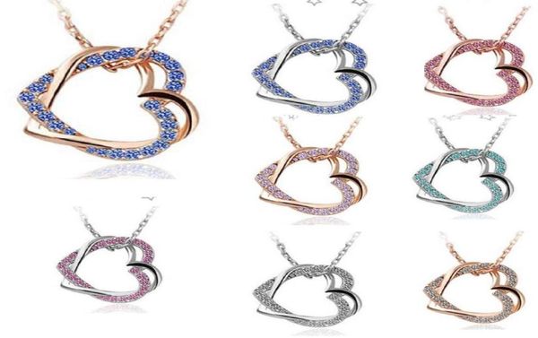 

crystal diamond double heart pendant necklace silver plated chain choker necklaces crystal rhinestone crystal necklace for women g6602272