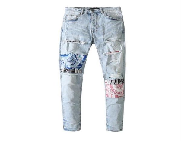 

mens jeans light blue holes frosted pasted pants european and american fashion4587794