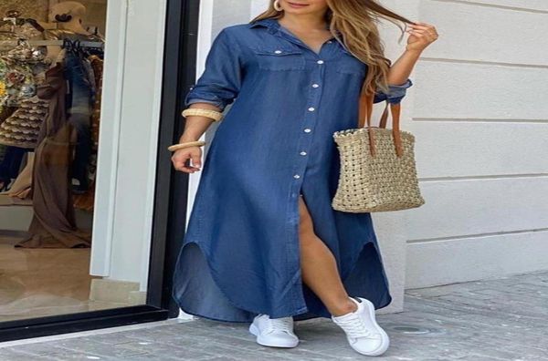 

casual dresses 2022 women fashion elegant denim casaul maxi dress button through slit shirt7537833, Black;gray