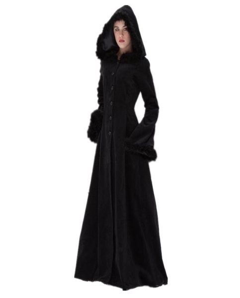 

women039s wool blends women autumn winter vintage coat steampunk floor length hooded medieval warm fur trim maxi gothic witch8738570, Black