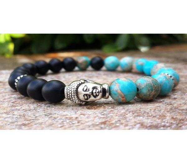 

mens buddha mala bracelet blue sea magnesite jasper black onyx bohemian buddhist prayer protection meditation wrist mala men brac2769743