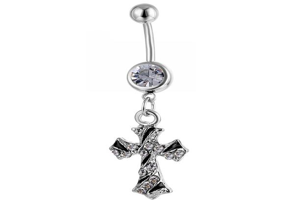 

d0791f cross belly navel button ring clear color0123457888229, Silver