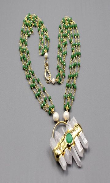 

guaiguai jewelry 4 strands white pearl green crystal chain bezel set chain statement clear quartz jades pendant necklace9270176, Silver
