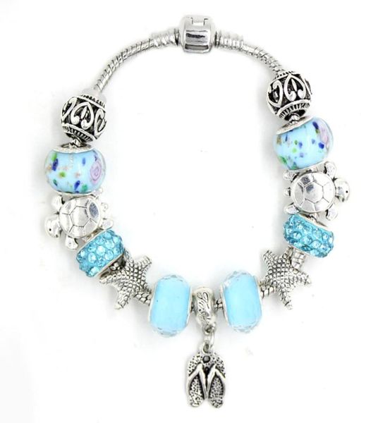 

new european style lampwork murano bead sealife ocean beach starfish turtle flip flop charm bead bracelets for women jewelry bijou6024232, Golden;silver