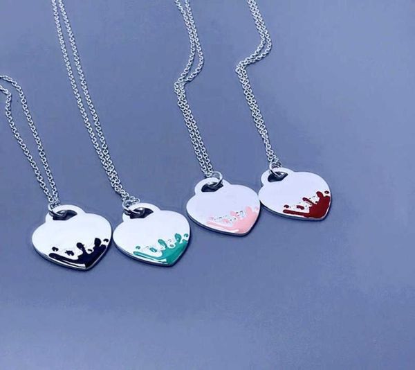 

women classic fashion s925 sterling silver blue pink black splash enamel heartshaped necklace luxury brand jewelry gift9752317, Golden;silver