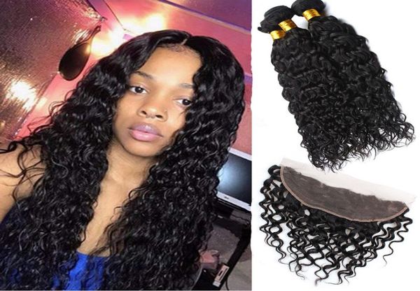 

water wave 3 bundles with 13x4 lace frontal 4 pieceslot brazilian virgin hair extensions 830inch9203100, Black;brown