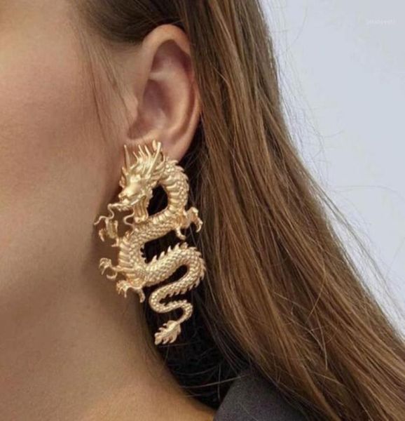 

vintag punk gold tone firery dragon stud earrings for women 2020 unique chic metal dragon statement earring jewelry femme bijoux15344249, Golden;silver