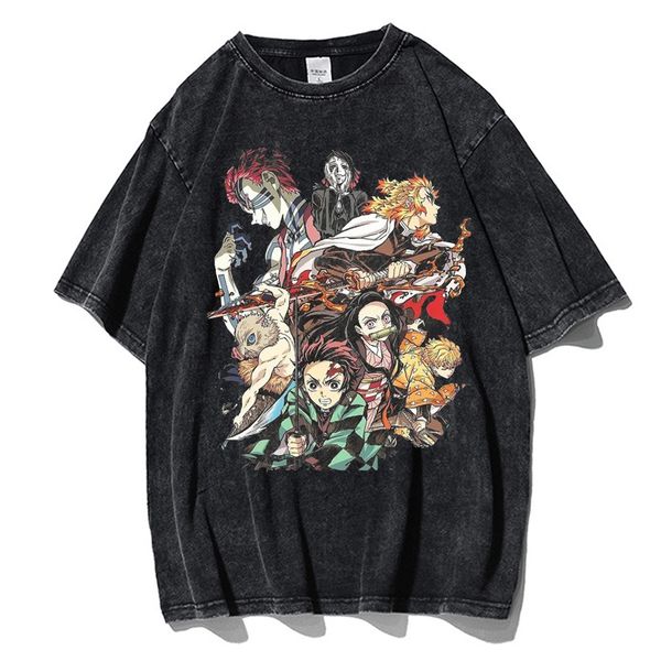 

men's t-shirts vintage wash men's t-shirt anime demon killer kamado tanjirou printed t-shirt 100% cotton casual shirt y2k clothing, White;black