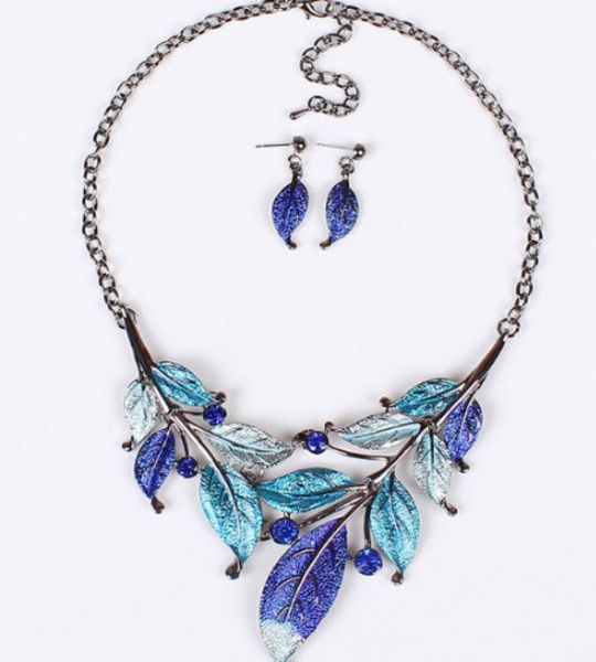 

new europe vintage party casual jewelry set women039s colorful drop glaze leaves necklaces with earrings s994488864, Silver