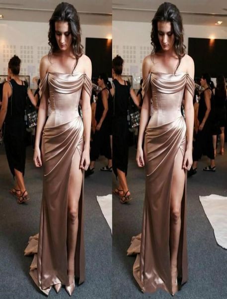 

long off shoulder evening dress high split short sleeves satin sweep train formal prom party gown custom made plus size8045491, Black