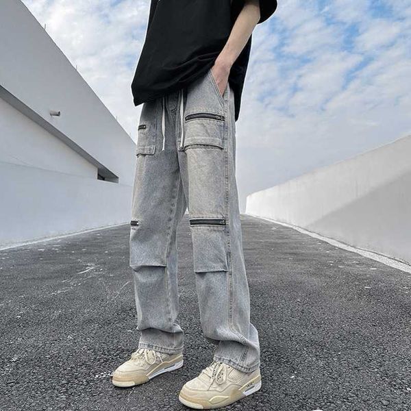 

designer jeans men's spring ins trendy loose high street casual drawstring straight tube drop feeling wide leg long pants, Blue