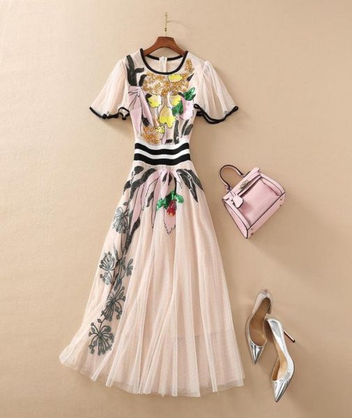 

european and american women039s wear for summer 2021 short sleeves with flared sleeves fashion mesh sequined embroidered dress9343985, Black;gray