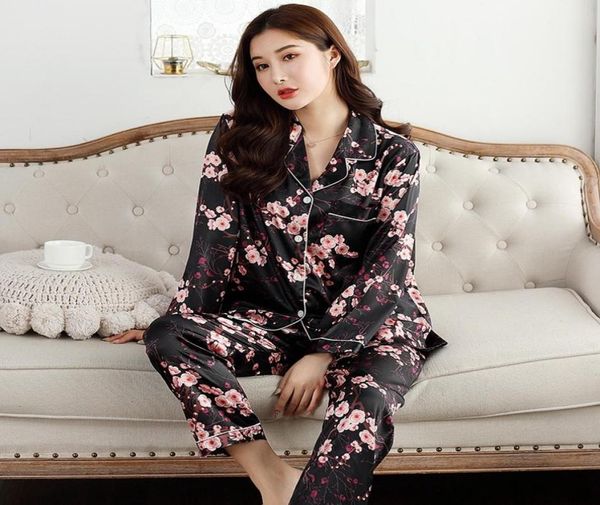 

autumn women pajamas faux silk sleepwear satin pajamas set long sleeves flower print 2 piece homewear summer pajama new 2020 t20084072266, Black;red