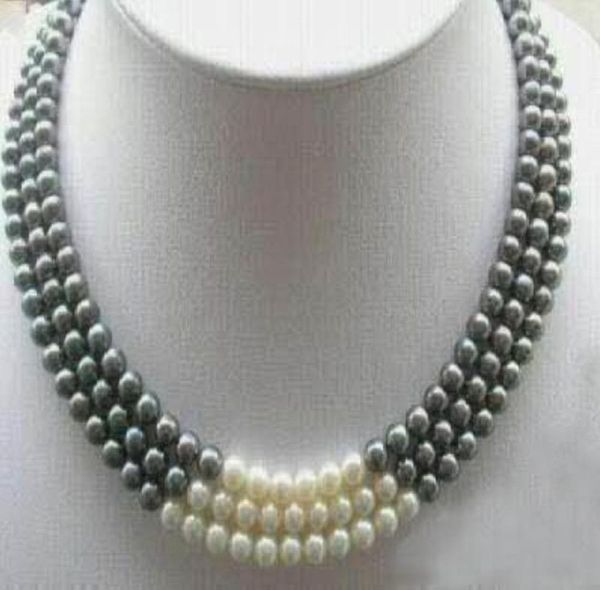 

3rows 78mm black white natural pearl necklace 1719quot0124770842, Silver