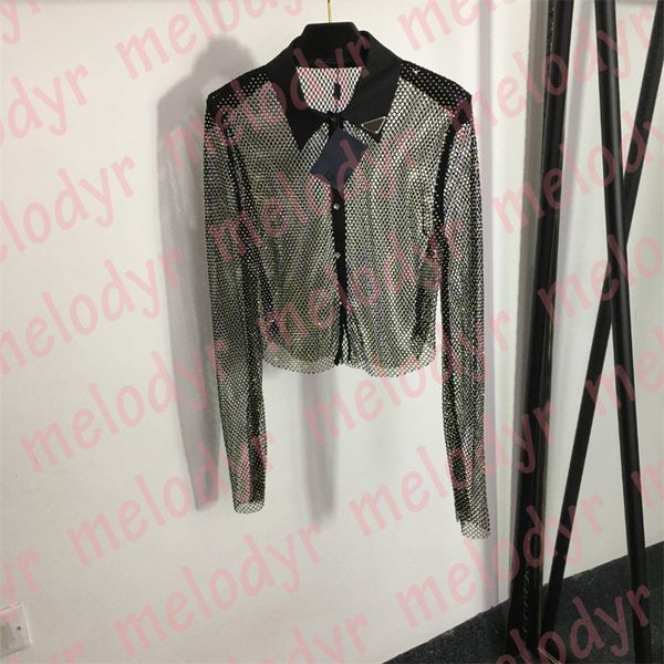 

hollow shirts shiny diamond blouses nightclub rhinestone long sleeve women mesh crop top, White