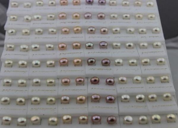 

shanxiahu zhuji city freshwater pearl earrings freshwater pearl 925 silver earring 56mm mix color white pink purple 50pairs lot2791507, Golden;silver
