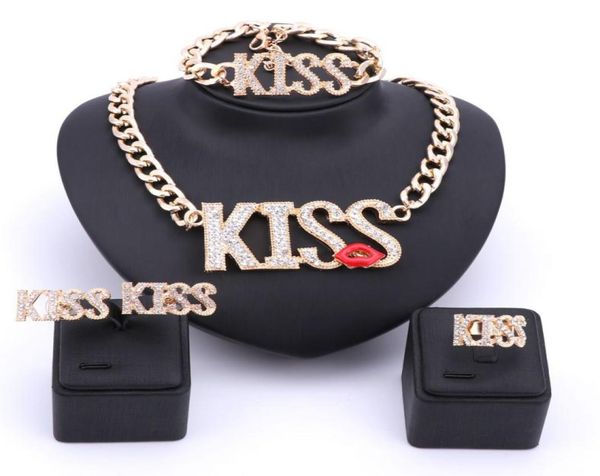 

new women accessories goldsilver plated crystal jewelry sets kiss lipstick big letter pendant necklace bracelet earring ring8261526, Slivery;golden