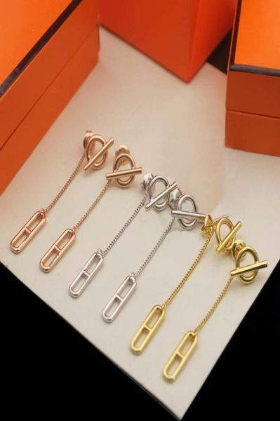 

europe america simple style lady women titanium steel tassels engraved h initials stud long earrings 3 color6334111, Golden;silver