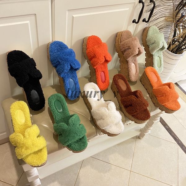 

designer women slippers platform eze slippers fur slides wool sandals autumn winter furry slides ladies sandal party wedding slipper, Black