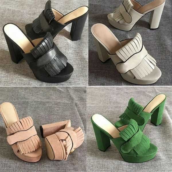 

mid-heel women suede pump sandal platform sandals designer shoes marmont sandals with fold over fringe real leather high heel with box us11, Black