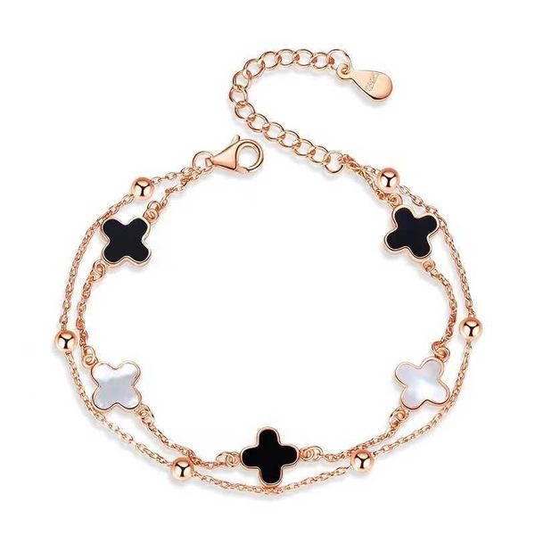 

shine s925 silver fourleaf grass female black agate malachite green learning sen style girlfriend bracelet engraved for lover, Golden;silver