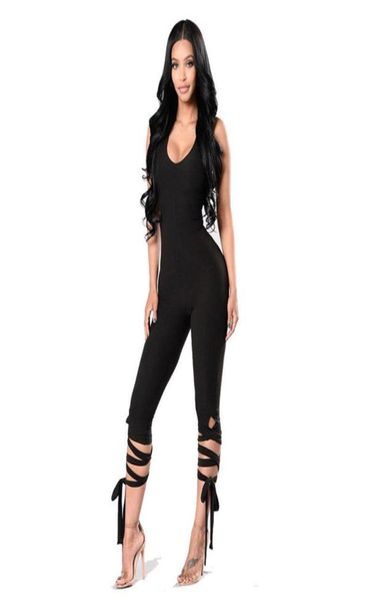 

women ladies summer clubwear jumpsuit fashion solid black sleeveless backless vneck bandage skinny jumpsuits long overalls1591965, Black;white