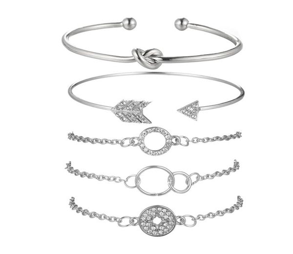 

5pcs round diamond knotted arrow open geometry chain bracelet adjustable cuff bracelet open line stackable surround bracelet set f3018433, Golden;silver