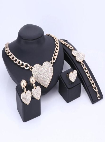 

women jewelry sets romantic heart love crystal statement chokers necklace earring ring set for bridal gold color wedding dress8777799, Slivery;golden