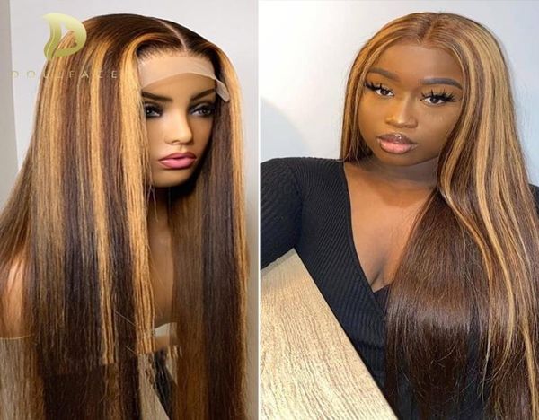

straight honey blonde lace front wigs for black women brown ombre human hair 180 density t part lace highlight wig human hair1214093, Black;brown