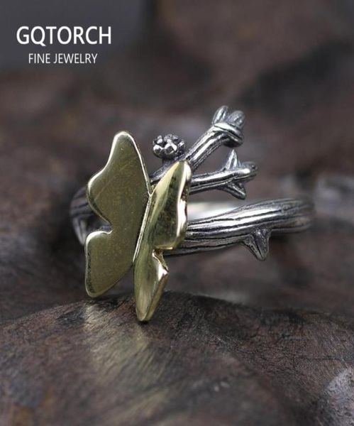 

real pure 925 sterling silver rings for women butterfly on tree branch adjustable rings vintage creative jewelry girls lady6289875, Golden;silver