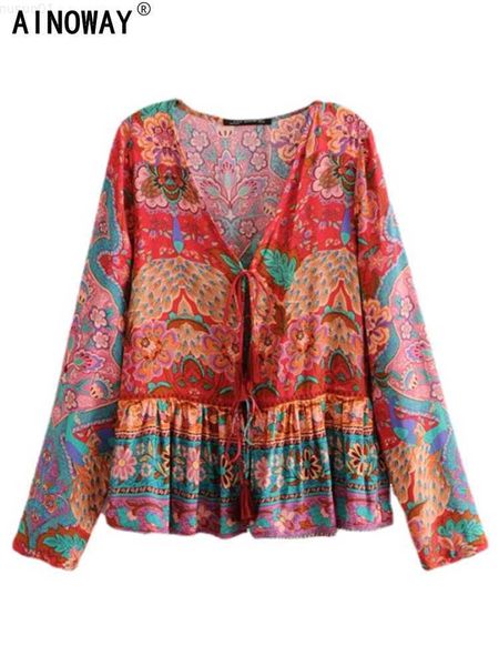 

women's blouses shirts vintage chic women floral printed bohemian lace-up blouse shirts ladies v-neck long sleeve loose boho shirt l23, White