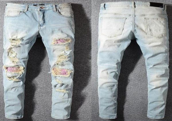 

mens designer jeans distressed ripped biker slim fit motorcycle bikers denim for men s fashion mans black pants pour hommes2365057, Blue