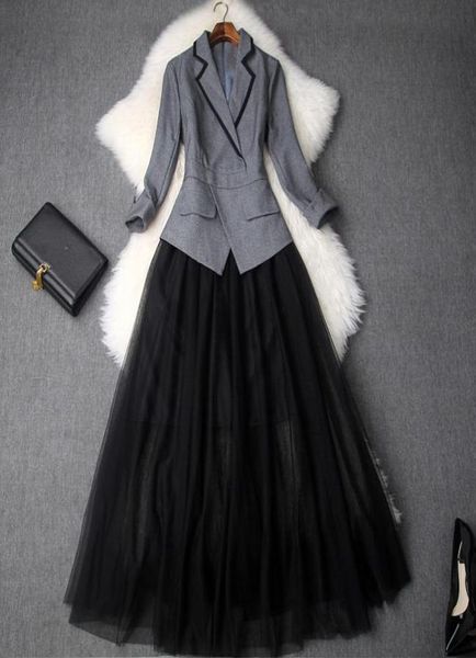 

2019 spring luxury 34 sleeve notchedlapel pure color mesh panelled midcalf one piece dress fashion casual dresses ld15t90919633286, Black;gray