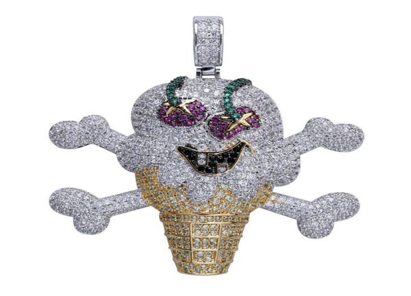 

iced out cubic zircon corsair skeleton skull ice cream pendant necklace with stainless steel rope chain8177480, Silver